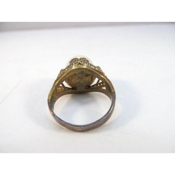 Faux Pearl Green and Clear Rhinestone Sterling Silver Gold Vermeil Ring Size 8.2 - Picture 5 of 12